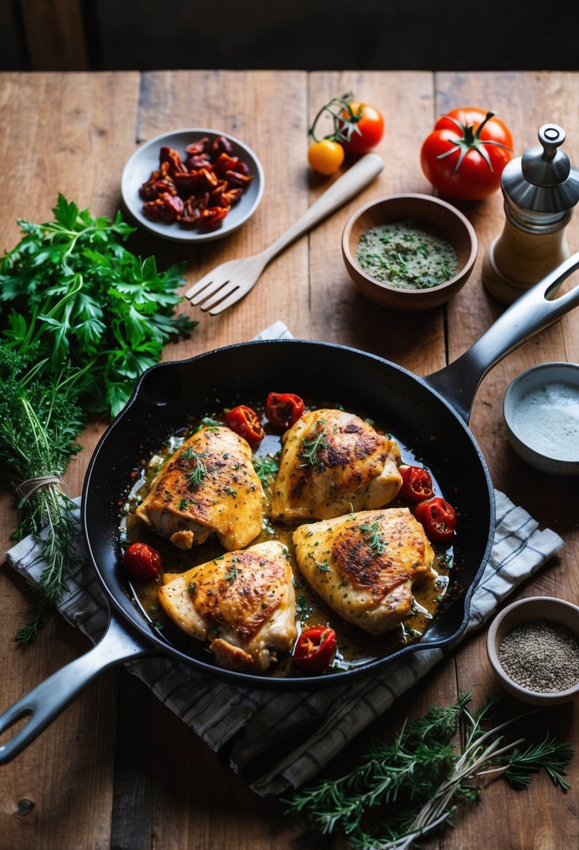 A rustic kitchen scene with a sizzling skillet of Tuscan chicken, surrounded by vibrant sun-dried tomatoes, fresh herbs, and aromatic spices