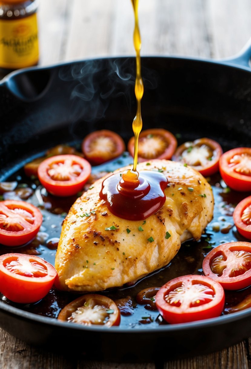 A plump chicken breast sizzling in a skillet with sliced tomatoes and a splash of Worcestershire sauce