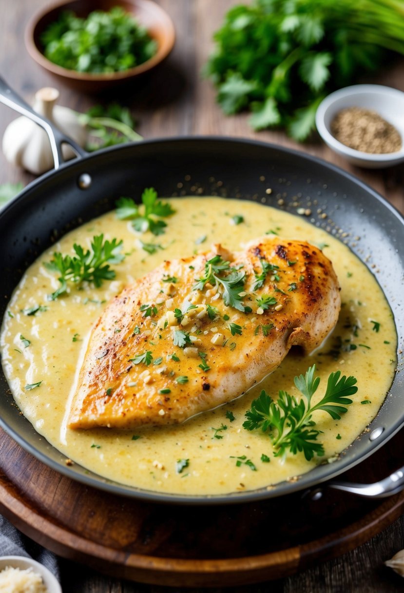 A sizzling chicken breast in a creamy garlic sauce, surrounded by fresh herbs and spices on a rustic wooden serving platter