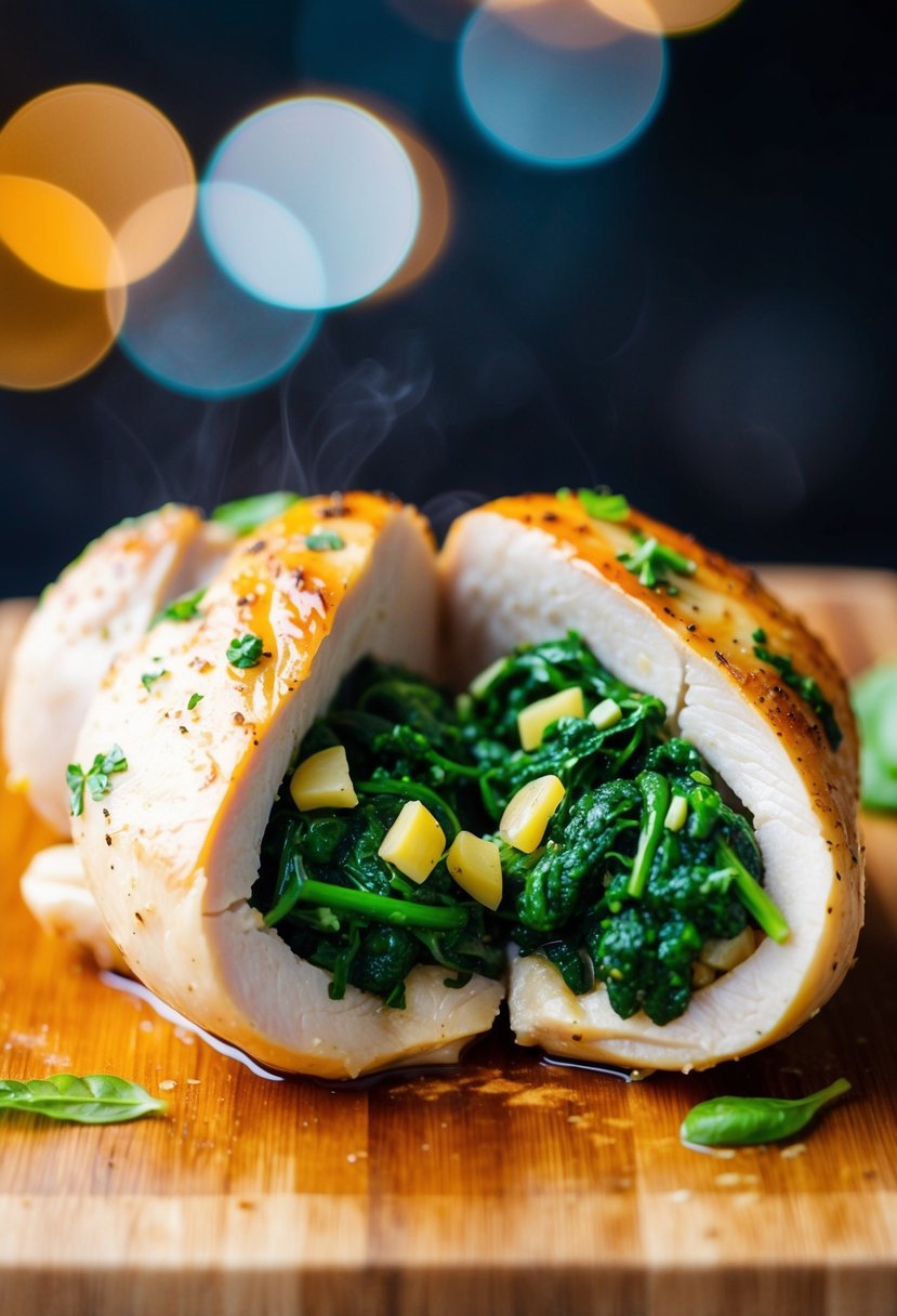 A plump chicken breast, slit open and filled with a vibrant green mixture of spinach and garlic, ready to be roasted to perfection