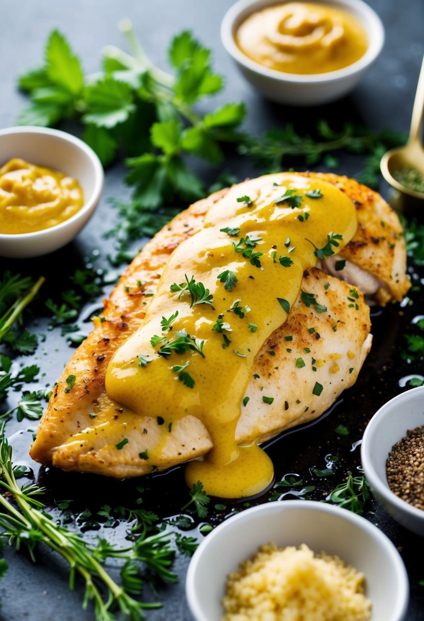 A sizzling chicken breast coated in Dijon mustard and minced garlic, surrounded by fresh herbs and spices