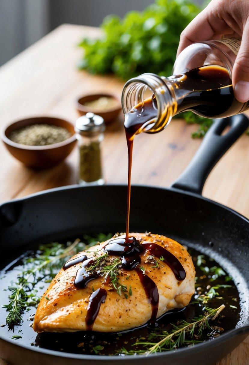 A plump chicken breast sizzling on a skillet, drizzled with rich balsamic vinegar and topped with fragrant herbs and spices