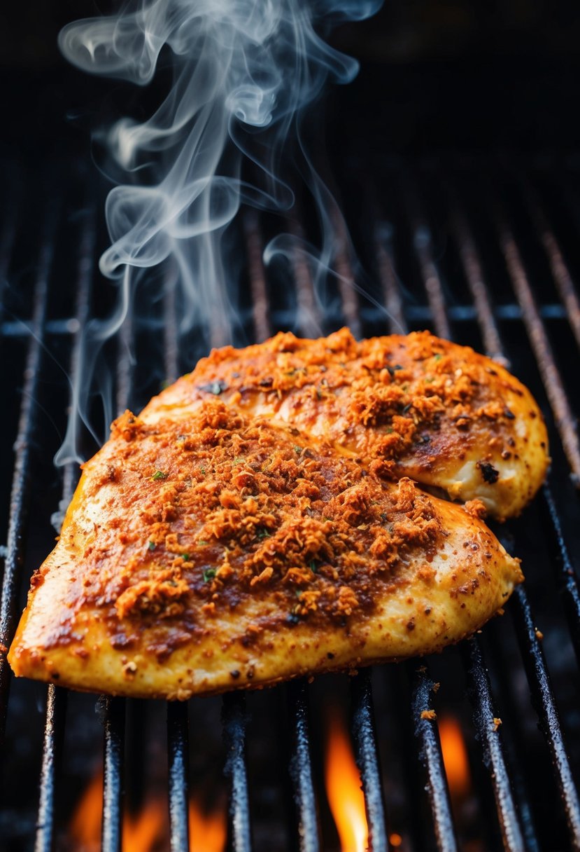 A sizzling chicken breast on a grill, coated in a rich, smoky paprika rub, with wisps of fragrant smoke rising from the charred edges