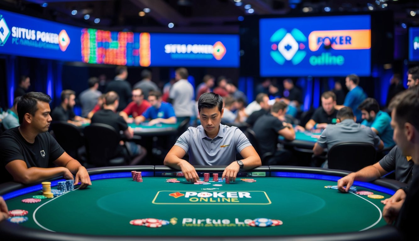 Turnamen poker online yang ramai dengan pemain di meja virtual, chip berwarna-warni, dan layar digital besar yang menampilkan logo Situs Poker Online