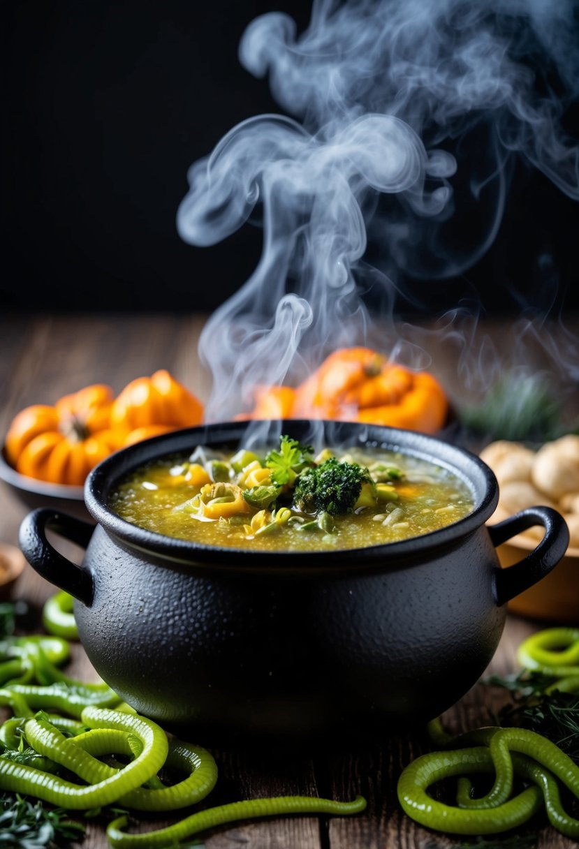 A bubbling cauldron surrounded by slimy, wriggling ingredients and a cloud of foul-smelling steam