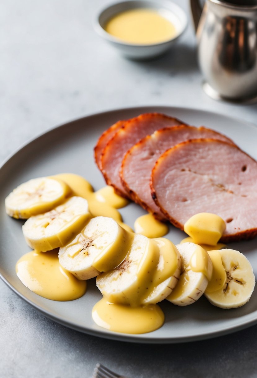 A plate with slices of ham and bananas covered in hollandaise sauce