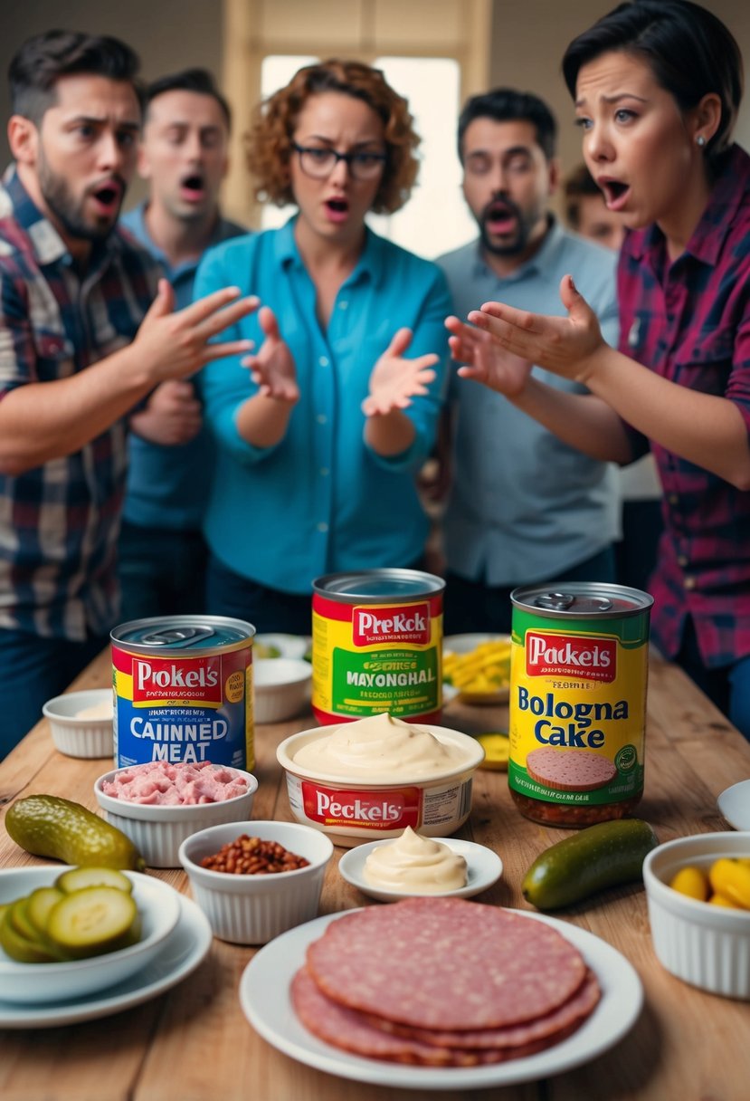 A table set with ingredients for a bologna cake: canned meat, mayonnaise, and pickles, surrounded by disgusted onlookers