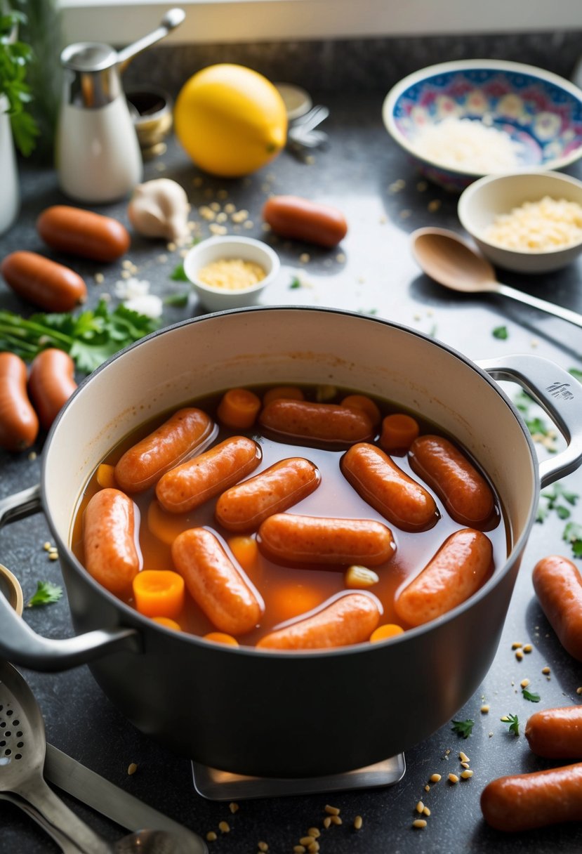 A pot of jellied bouillon with floating frankfurters, surrounded by scattered ingredients and utensils on a messy kitchen counter