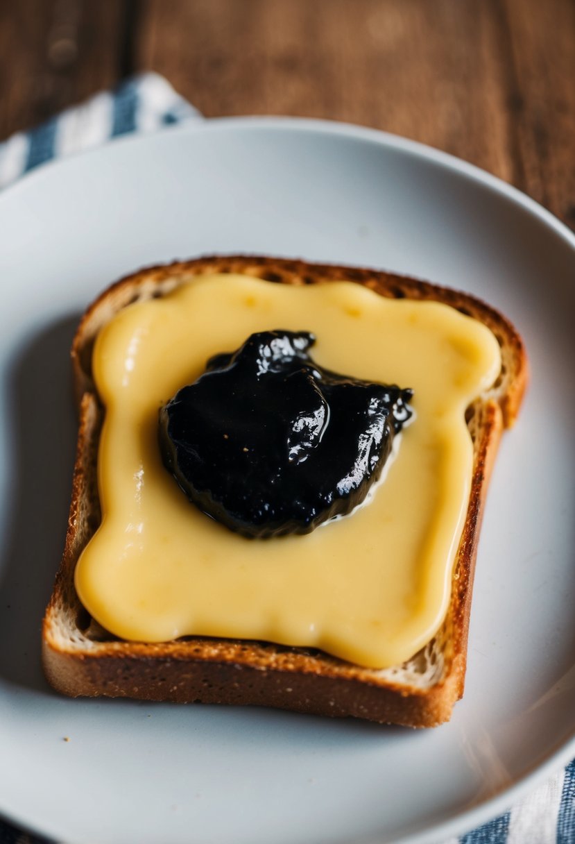 A slice of toast with melted cheese and a spread of Marmite on top