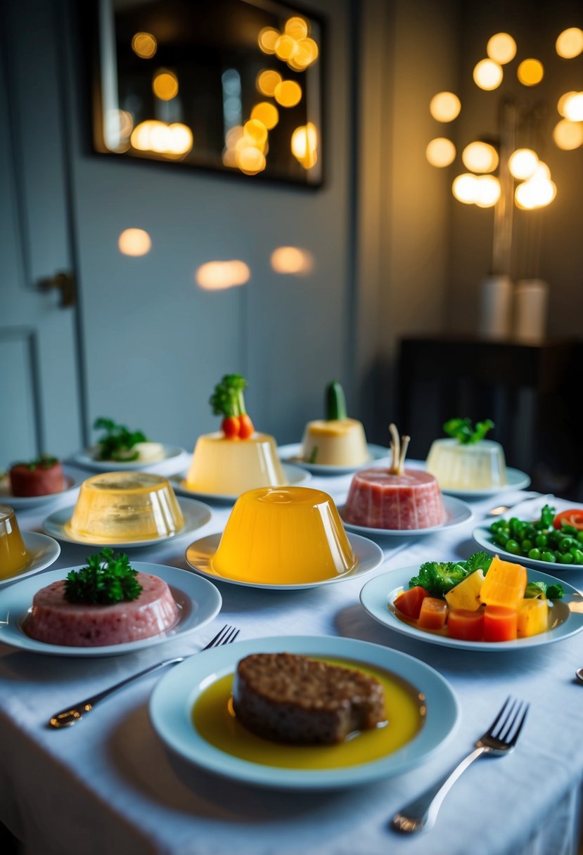 A table set with a variety of unappetizing aspic dishes, including gelatinous meats and vegetables in a dimly lit room