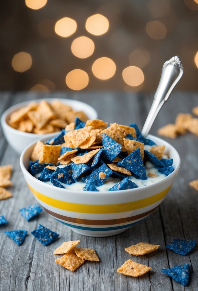 A bowl of crushed Doritos mixed with milk, topped with sugary cereal and a spoon sticking out