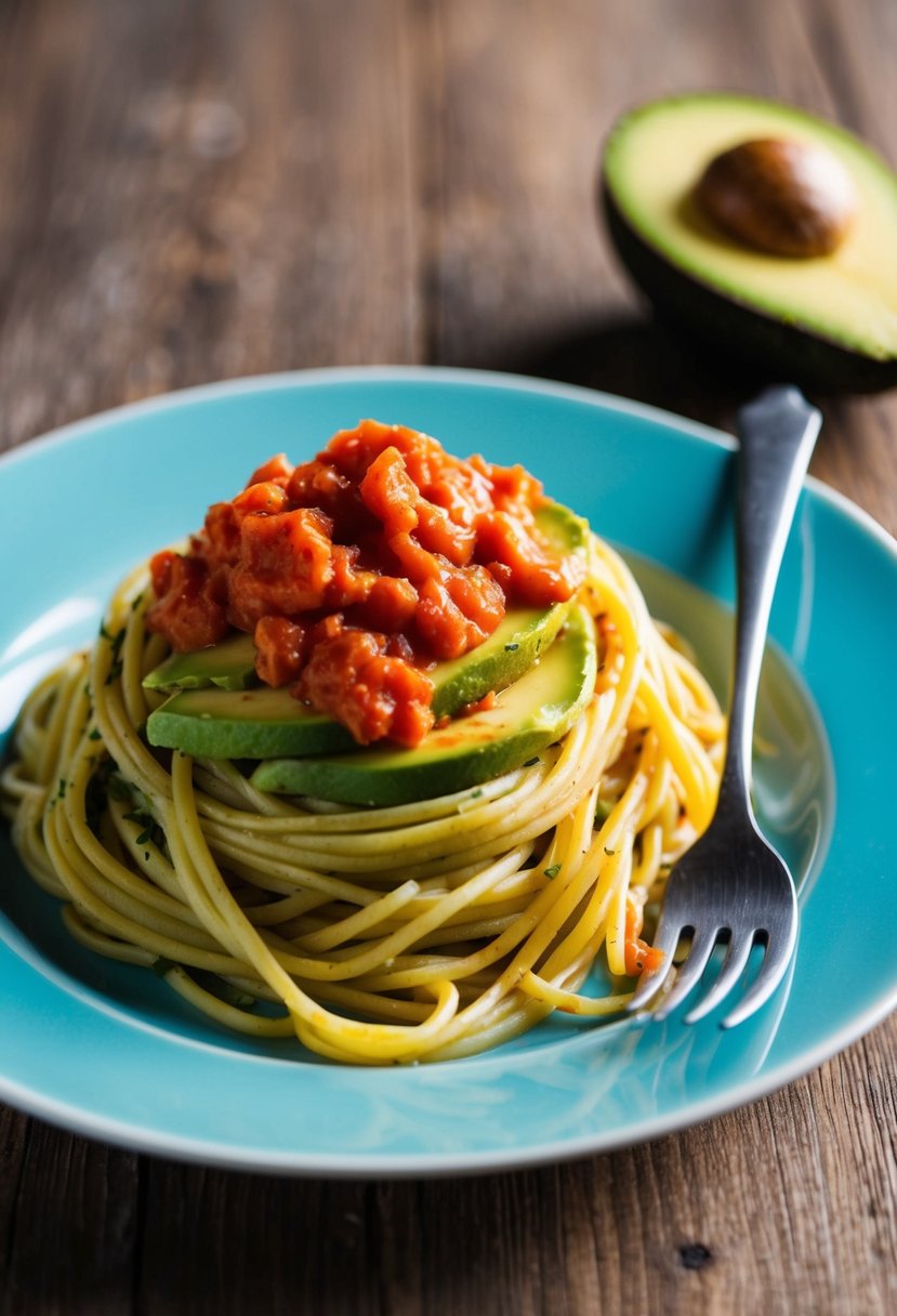 A plate of avocado spaghetti covered in red sauce, with a fork resting on the side