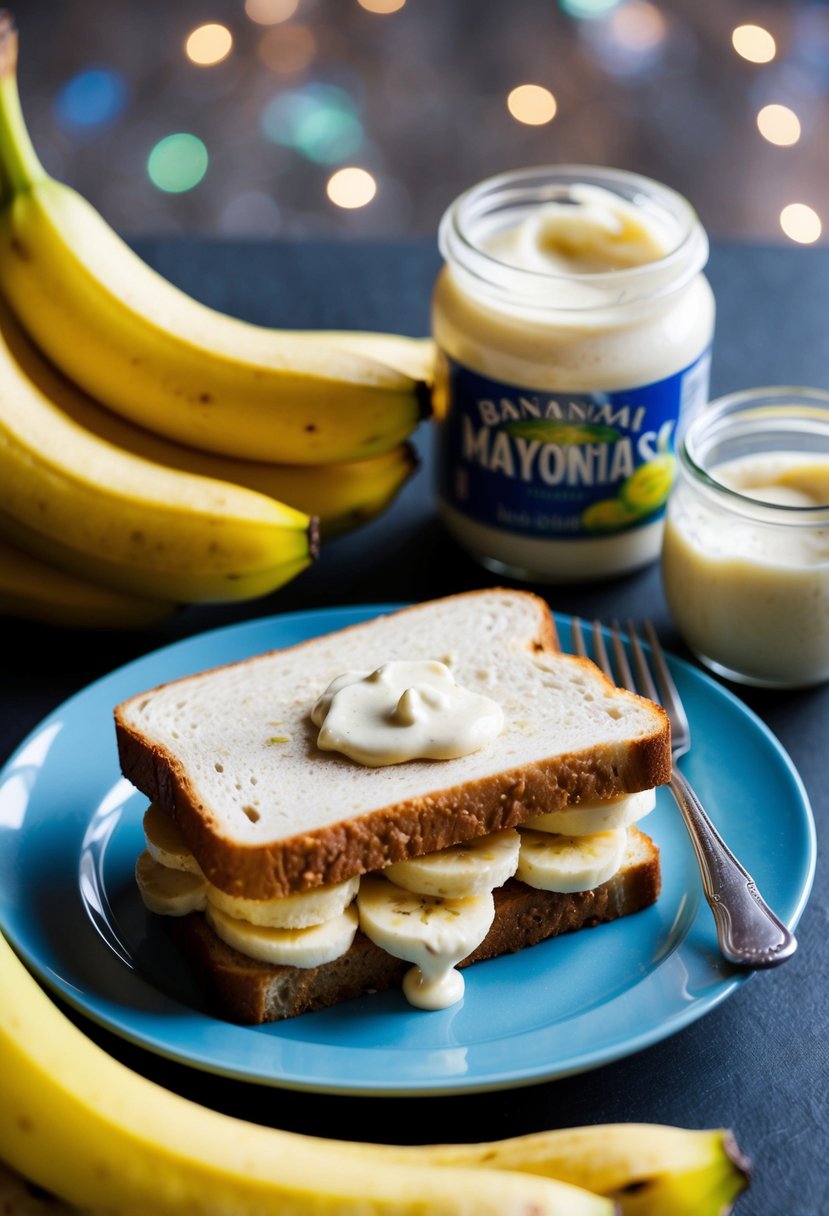 A banana and mayo sandwich sits on a plate, with a jar of mayonnaise and a bunch of bananas nearby