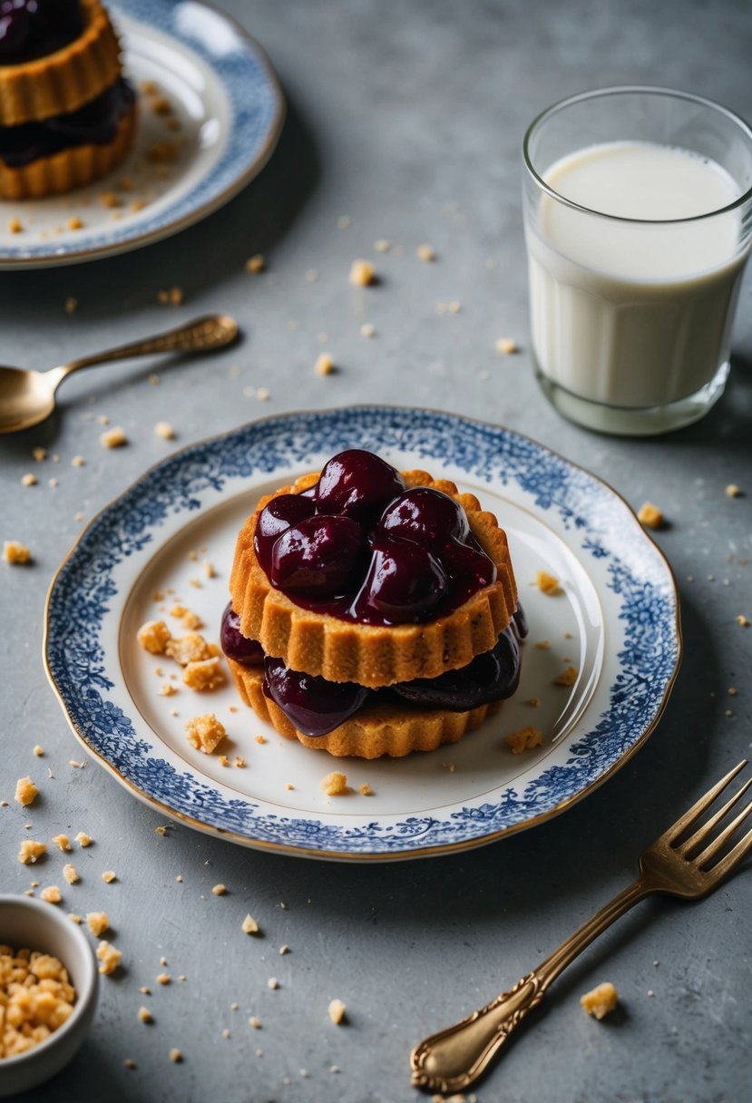 A liver and jelly dessert sits on a vintage plate, surrounded by scattered crumbs and a half-filled glass of milk