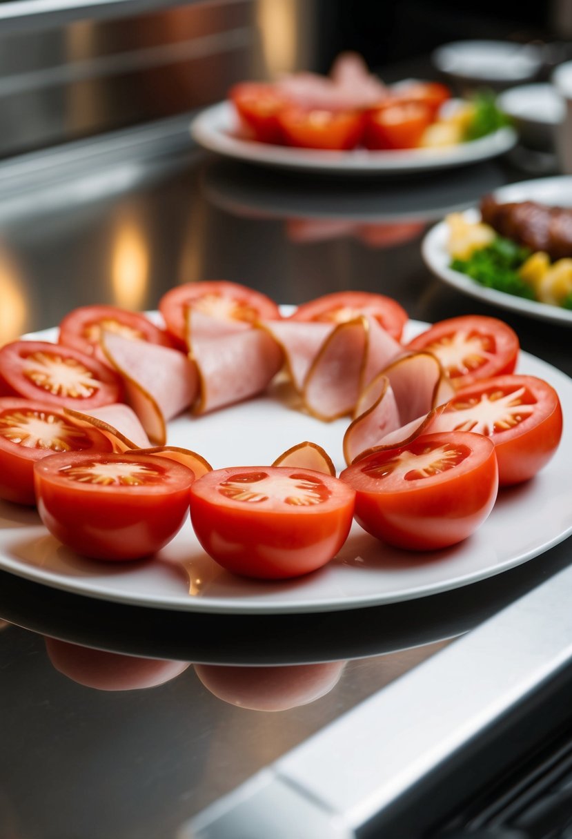 A buffet ring made of tomato and ham slices arranged in a circle on a serving platter