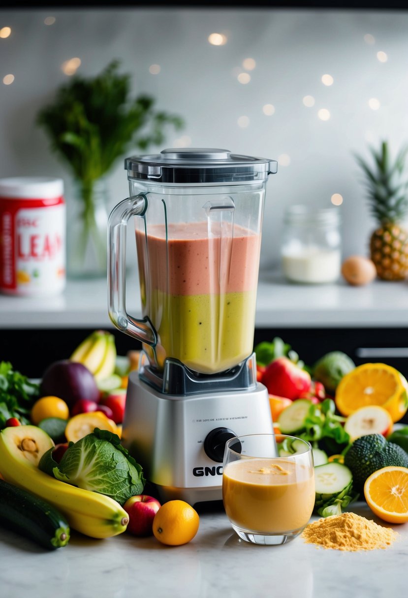 A blender surrounded by fresh fruits, vegetables, and protein powder, with a glass of GNC Lean Shake poured and ready to drink