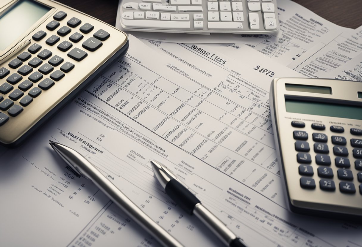 A balance sheet with real estate assets and liabilities, financial documents scattered around, calculator and computer on a desk