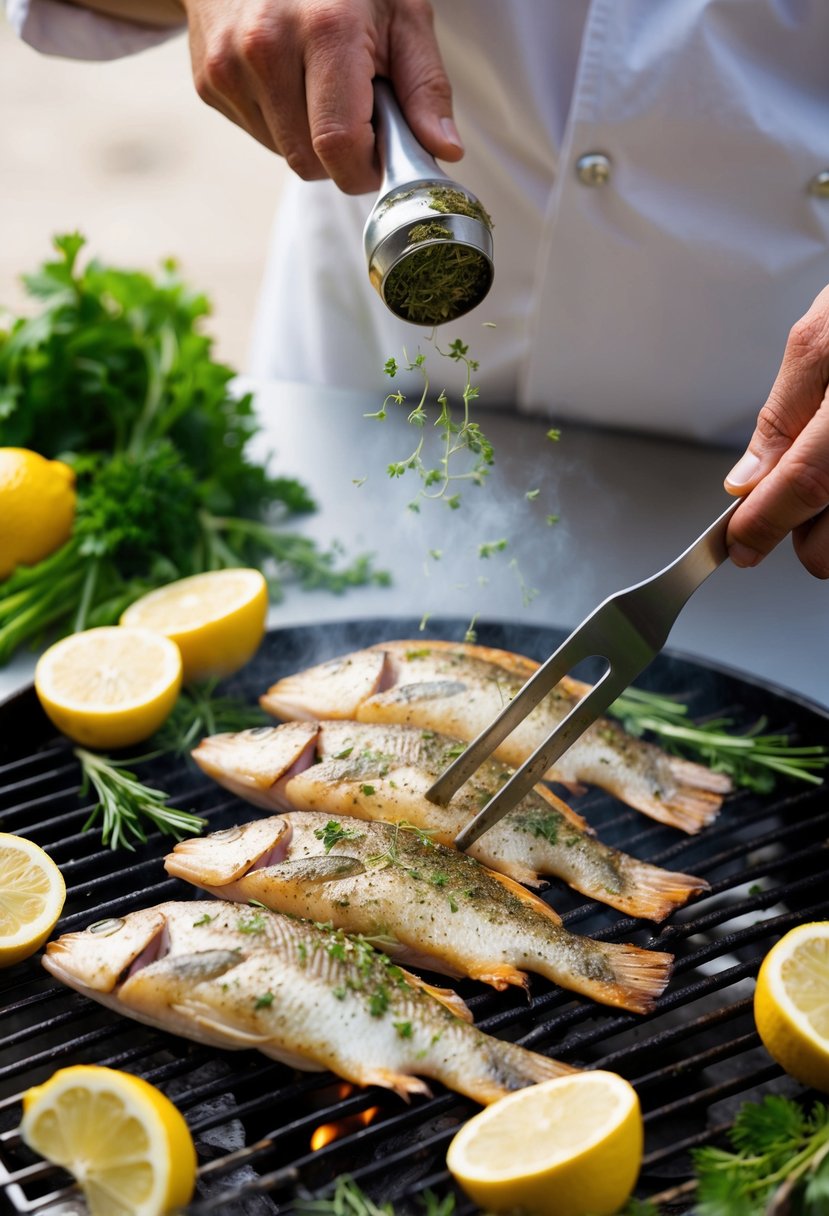 A chef seasons and grills perch fillets on a barbecue, surrounded by fresh herbs and lemon wedges