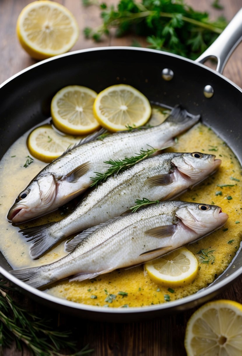 Perch fillets sizzling in a pan of brown butter, surrounded by herbs and lemon slices