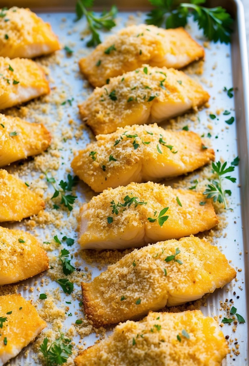 Golden brown perch fillets coated in crispy panko crumbs, arranged on a baking sheet with a sprinkle of fresh herbs