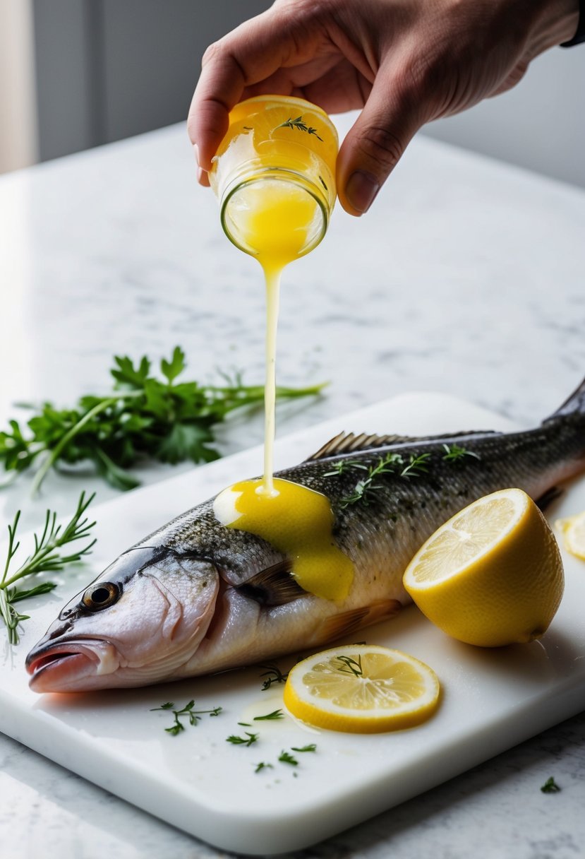 A fresh Icelandic ocean perch fillet is being drizzled with lemon juice and sprinkled with herbs on a clean, white cutting board