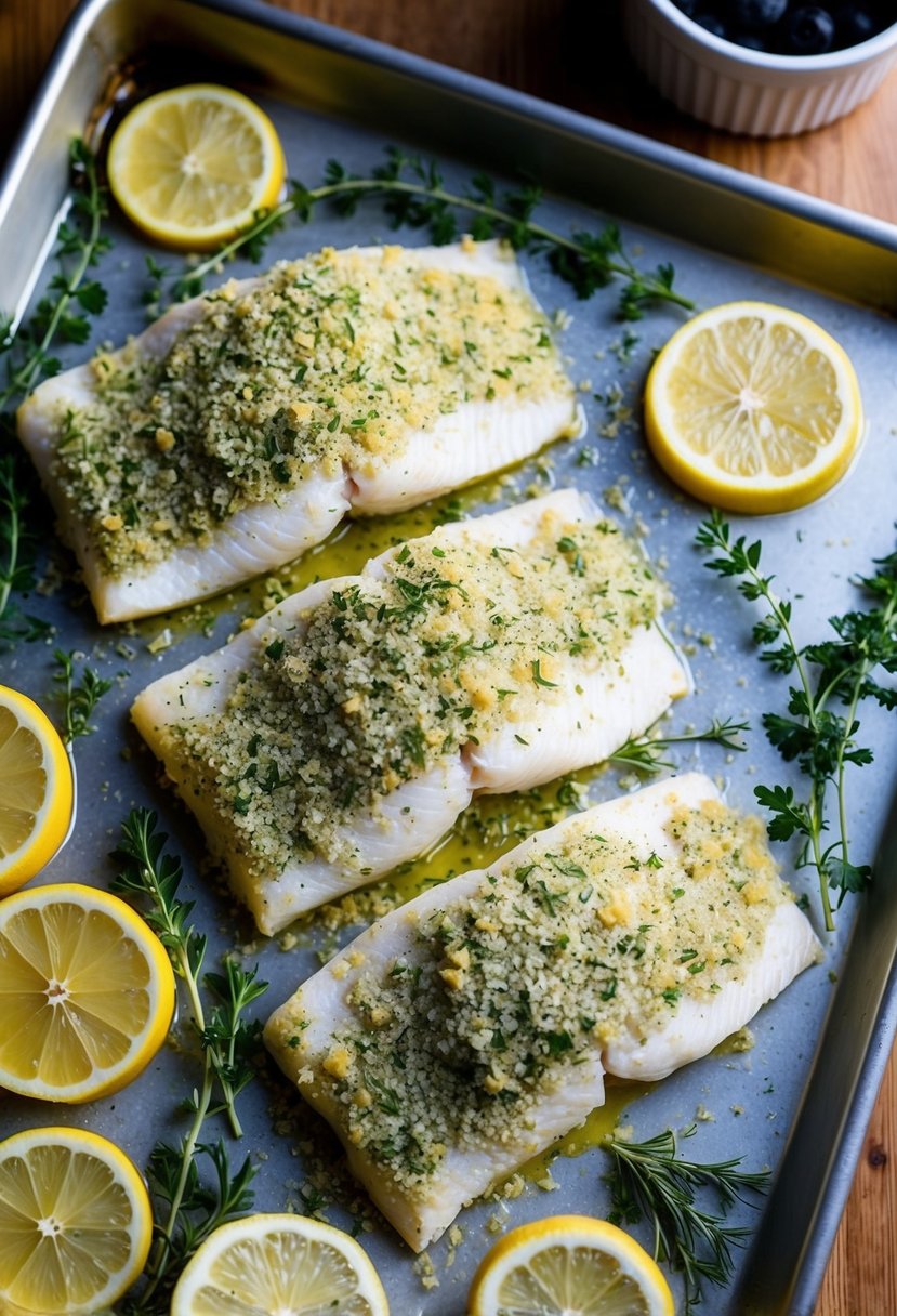 Golden perch fillets coated in herb crust, surrounded by fresh herbs and lemon slices on a baking tray