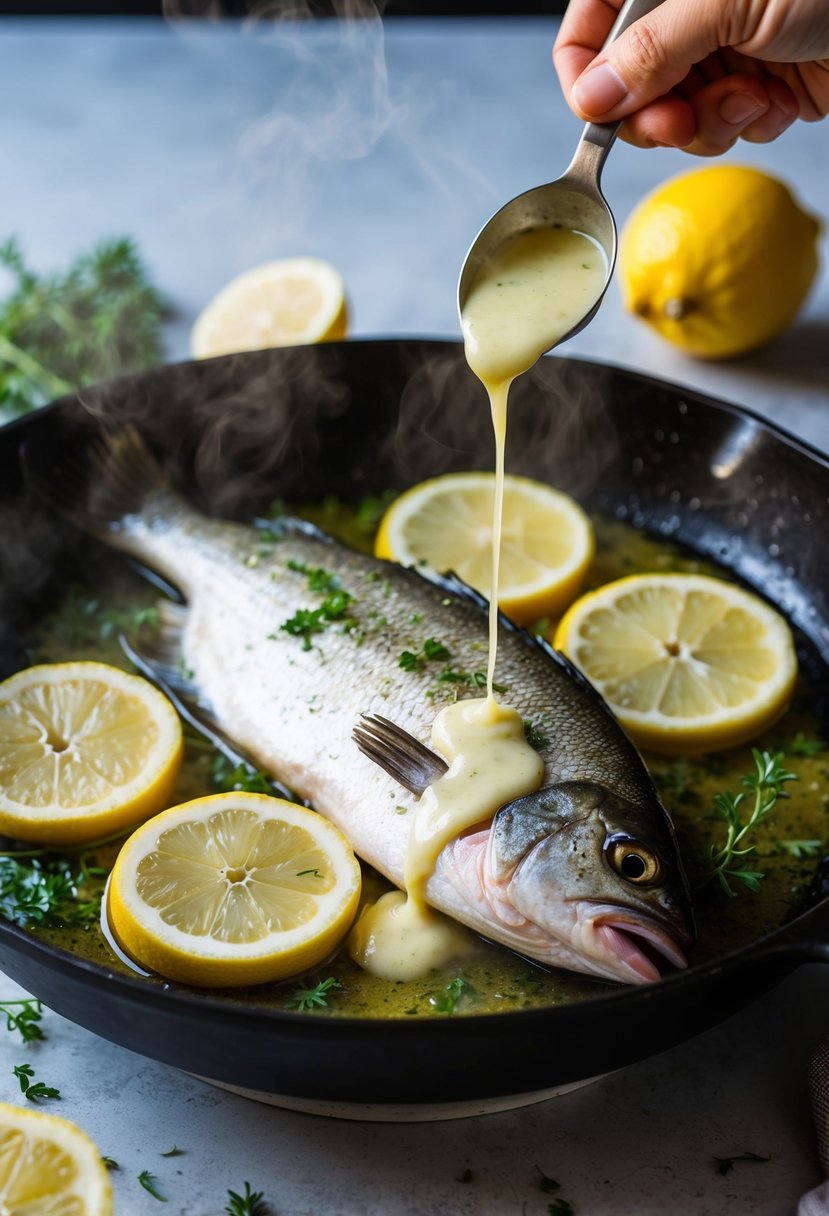 A sizzling perch fillet lies in a hot skillet, surrounded by lemon slices and herbs. Steam rises as the lemon sauce is drizzled over the fish