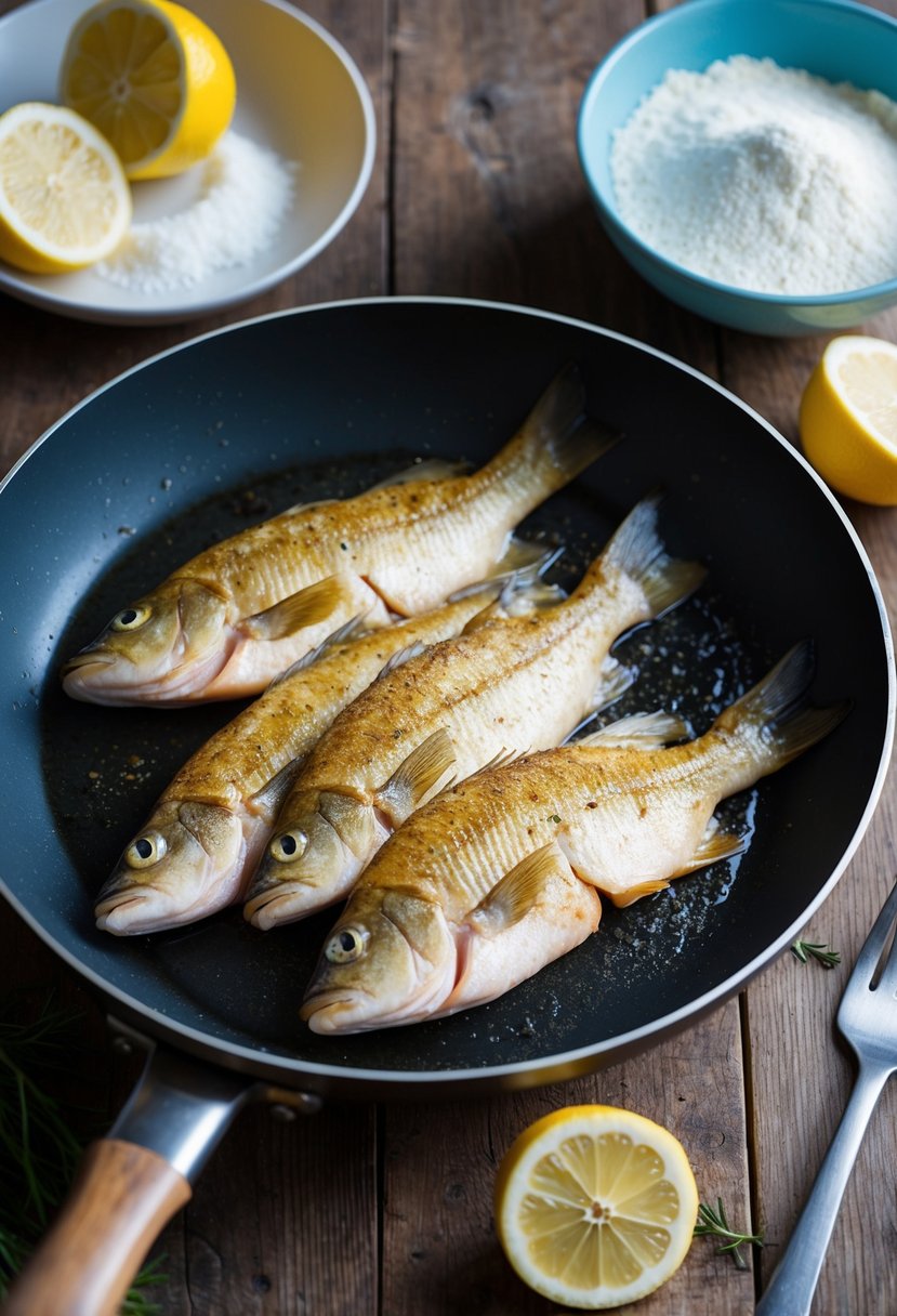 A rustic kitchen with a frying pan sizzling with golden-brown perch fillets, accompanied by a bowl of seasoned flour and fresh lemon wedges