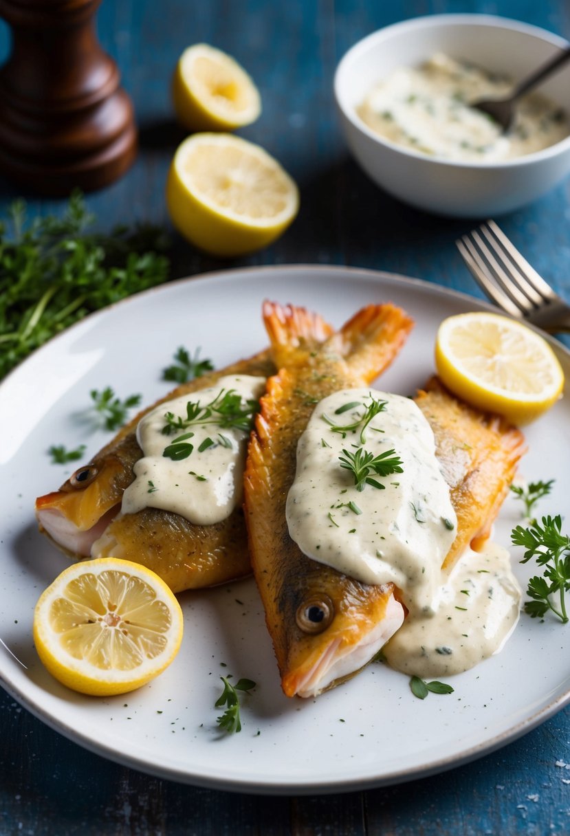 A plate with golden-brown perch fillets coated in a creamy Dijon-mayo mixture, garnished with fresh herbs and lemon slices