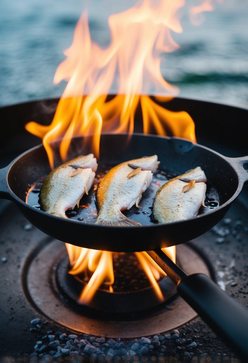 A sizzling skillet with peppery perch fillets cooking over an open flame