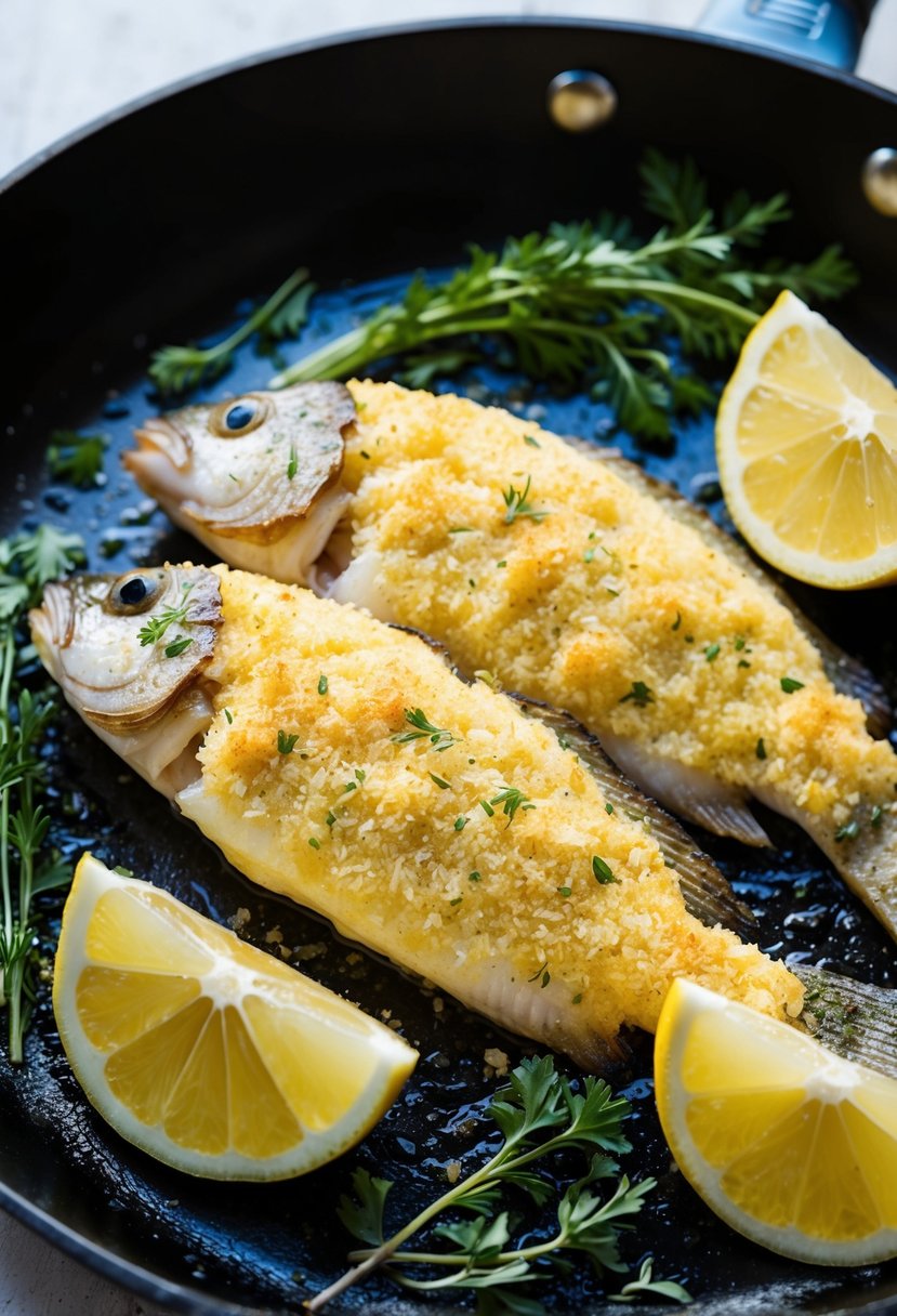 A golden-brown Parmesan cracker crusted perch fillet sizzling in a skillet, surrounded by fresh herbs and lemon wedges