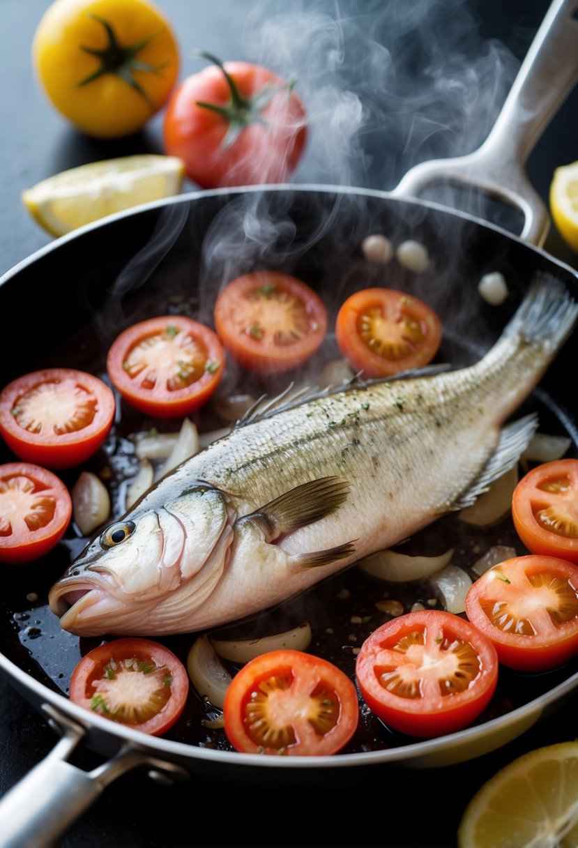 A fresh perch fillet sizzling on a hot skillet, surrounded by sliced tomatoes and onions, with steam rising from the cooking ingredients