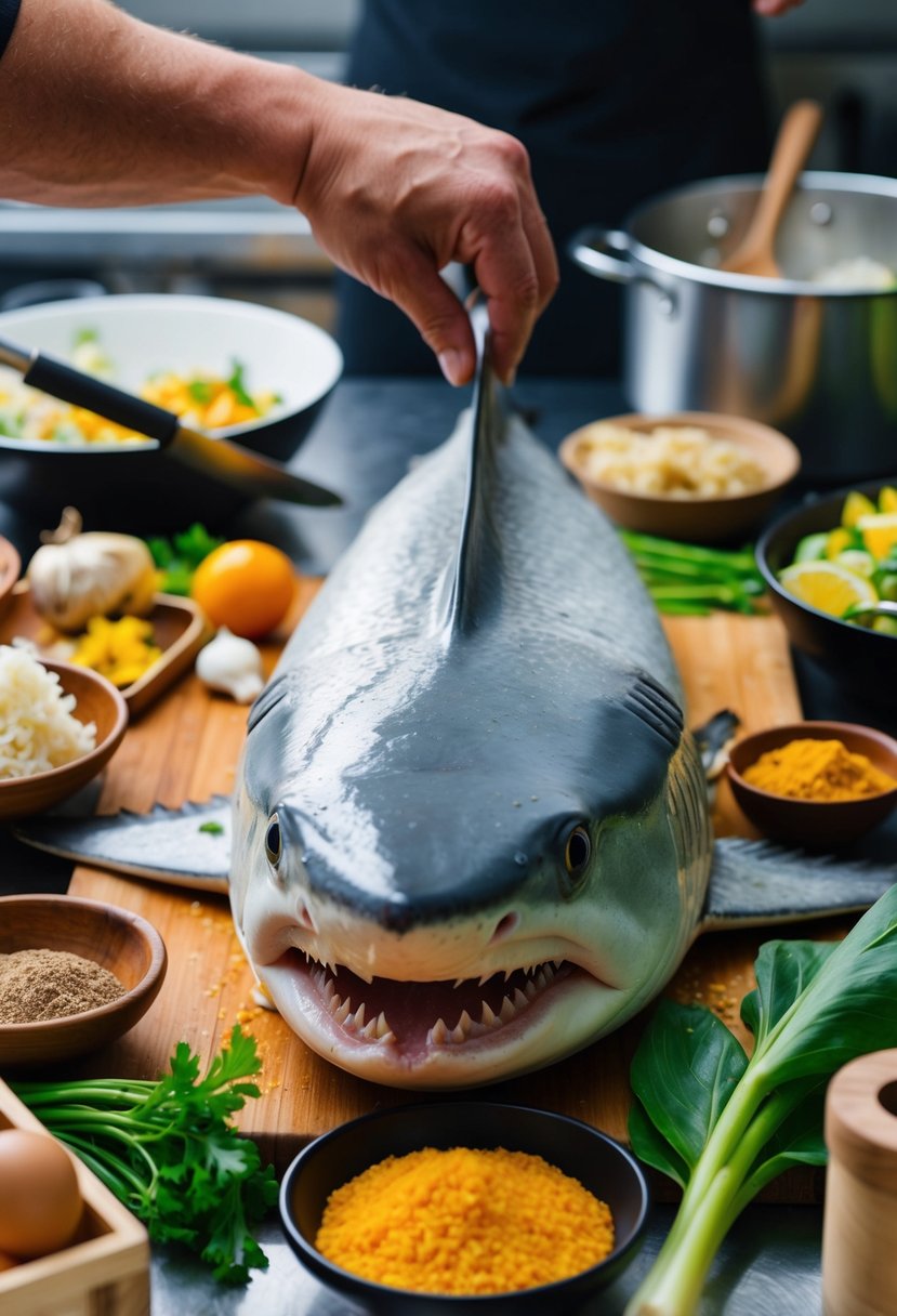 A mako shark being prepared and cooked with various ingredients and kitchen utensils surrounding it