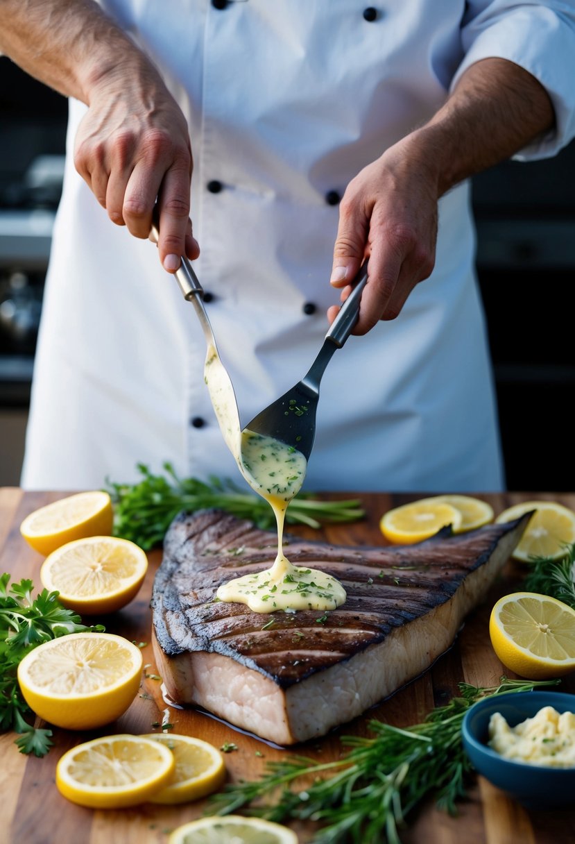 A chef grilling a large mako shark steak, drizzling it with lemon herb butter, surrounded by fresh herbs and citrus slices