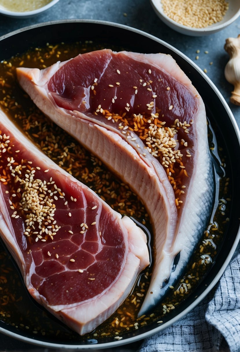 Two mako shark steaks marinating in a soy-based marinade, surrounded by ingredients like garlic, ginger, and sesame seeds