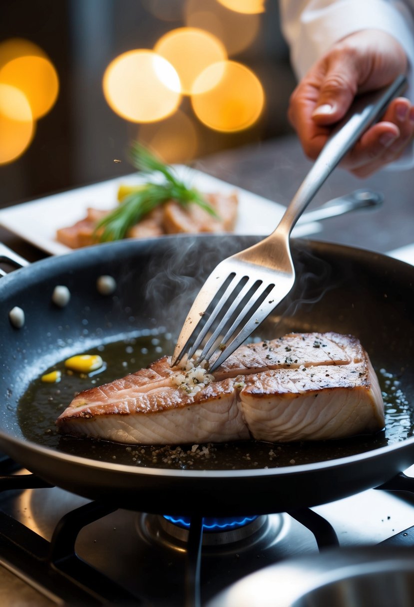 A chef expertly sears a mako shark steak in a sizzling pan with olive oil, salt, and pepper, creating a mouthwatering dish