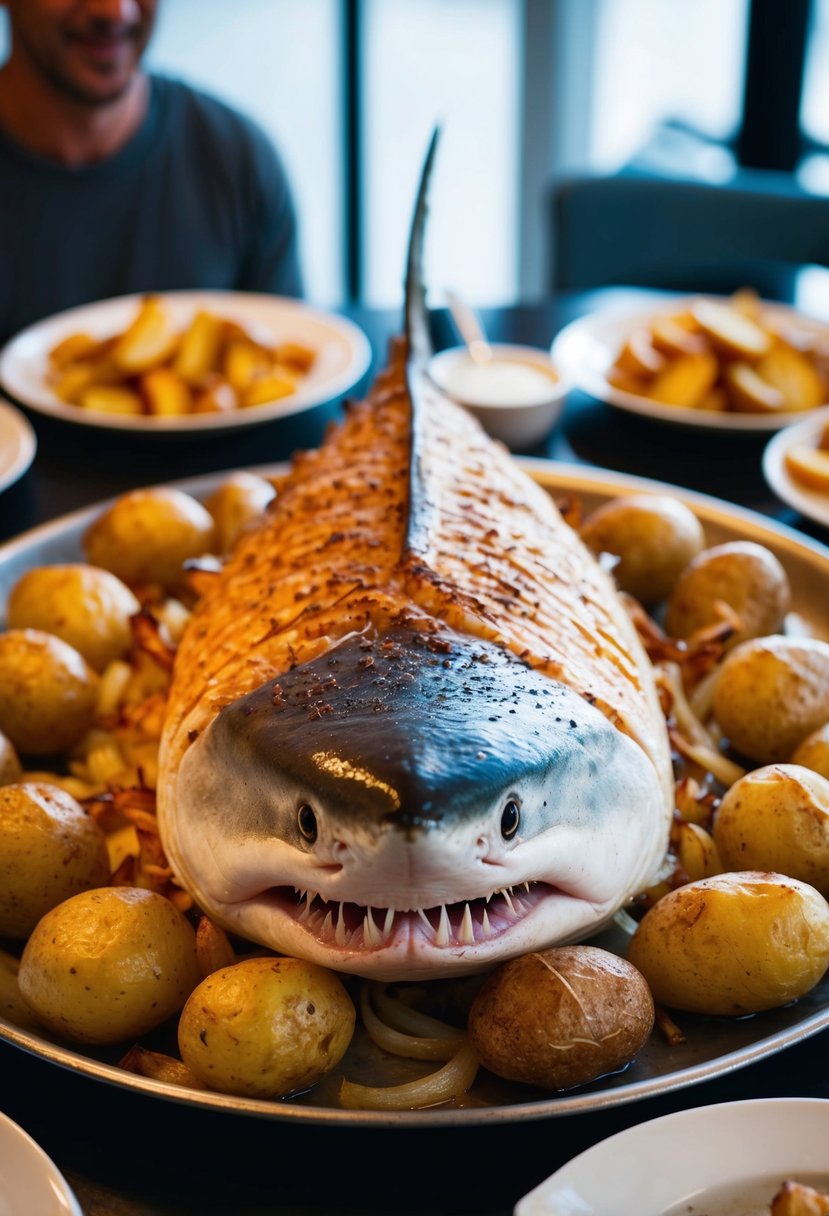 A whole mako shark, golden-brown and crispy, surrounded by roasted potatoes and onions on a large serving platter