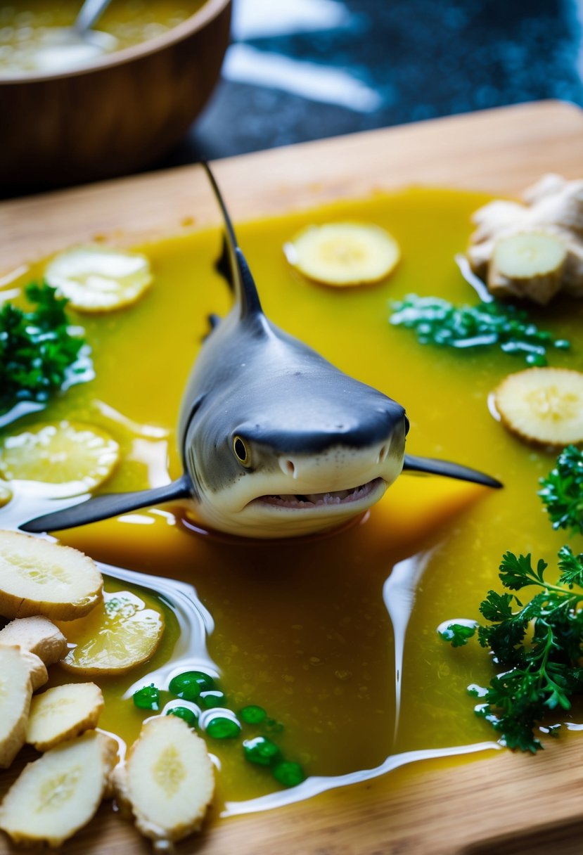 A mako shark swimming in a pool of ginger sauce, surrounded by sliced ginger and herbs