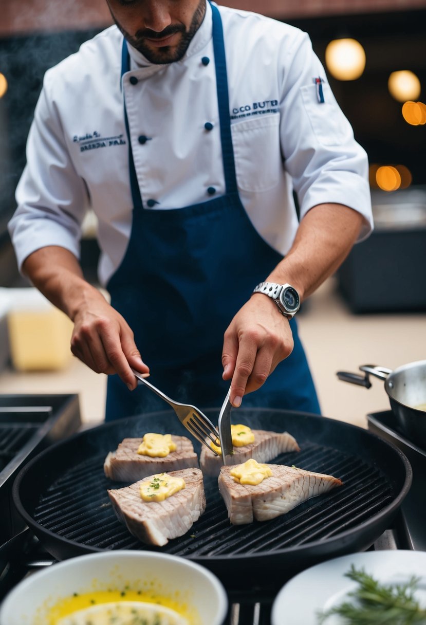 A chef prepares herb butter mako shark steaks on a sizzling grill