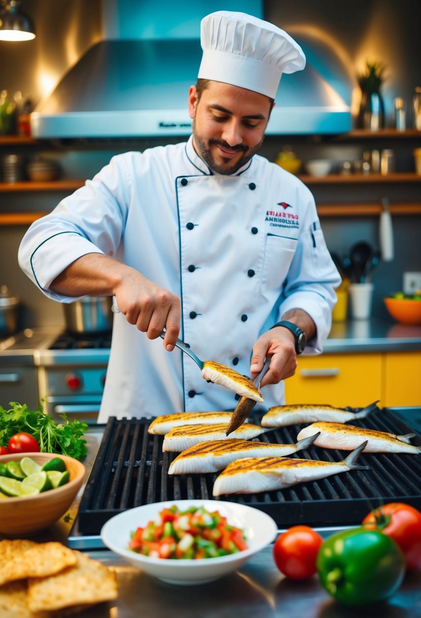 A chef grills mako shark fillets and prepares fresh salsa in a vibrant kitchen