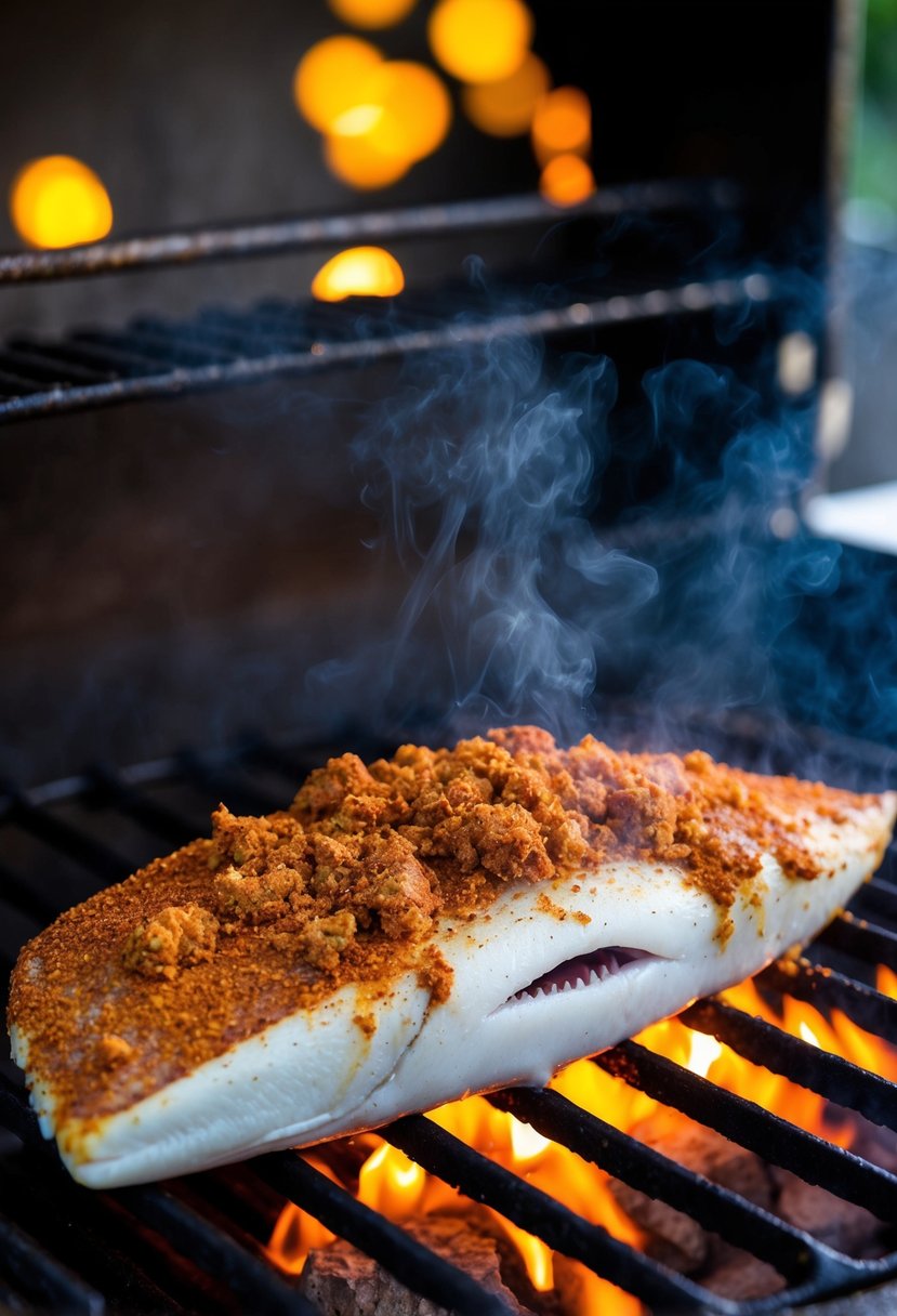 A mako shark fillet covered in Cajun spices sizzling on a hot grill, releasing a mouthwatering aroma