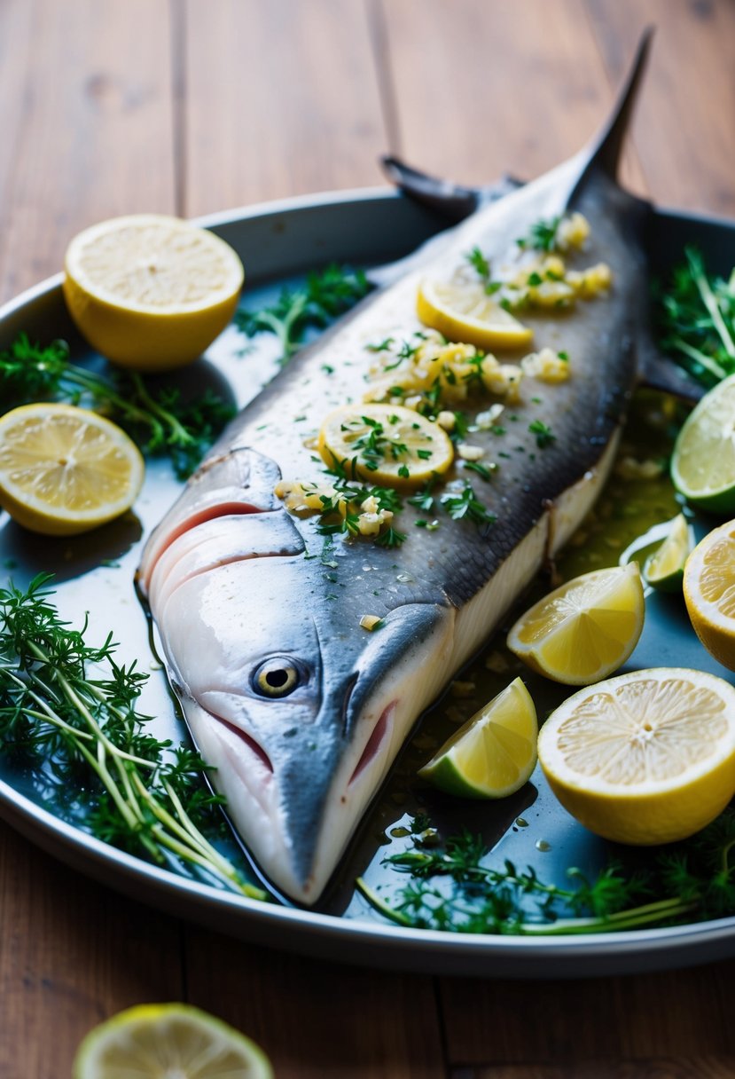 A mako shark fillet sits on a platter, marinating in a mixture of citrus and garlic, surrounded by fresh herbs and slices of lemon and lime