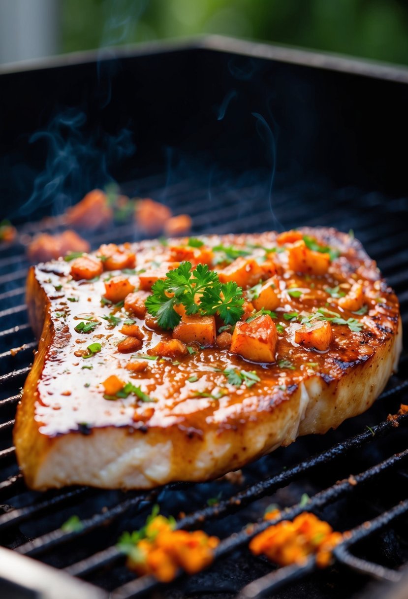 A mako shark steak sizzling on a grill, coated in a glossy sweet and spicy glaze, with vibrant herbs and spices sprinkled around