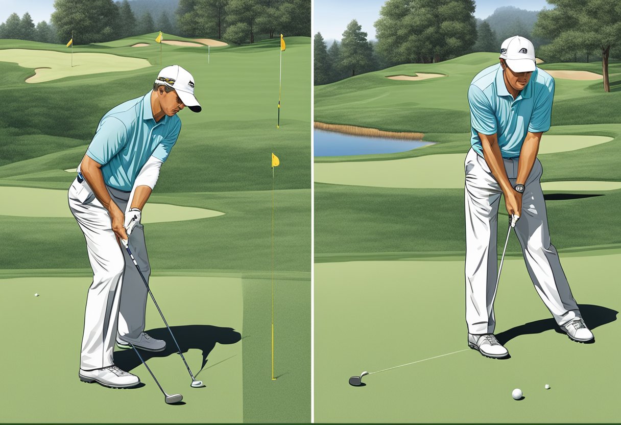 A golfer using the "Ball Backwards Blueprint" technique on a golf course, with a high handicapper's club set and a ball trajectory visible