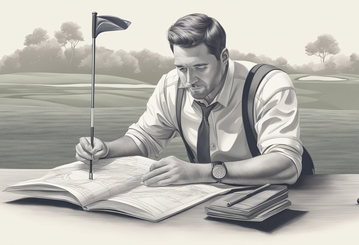 A golfer studying a blueprint while holding a golf ball, with clubs and a bag in the background