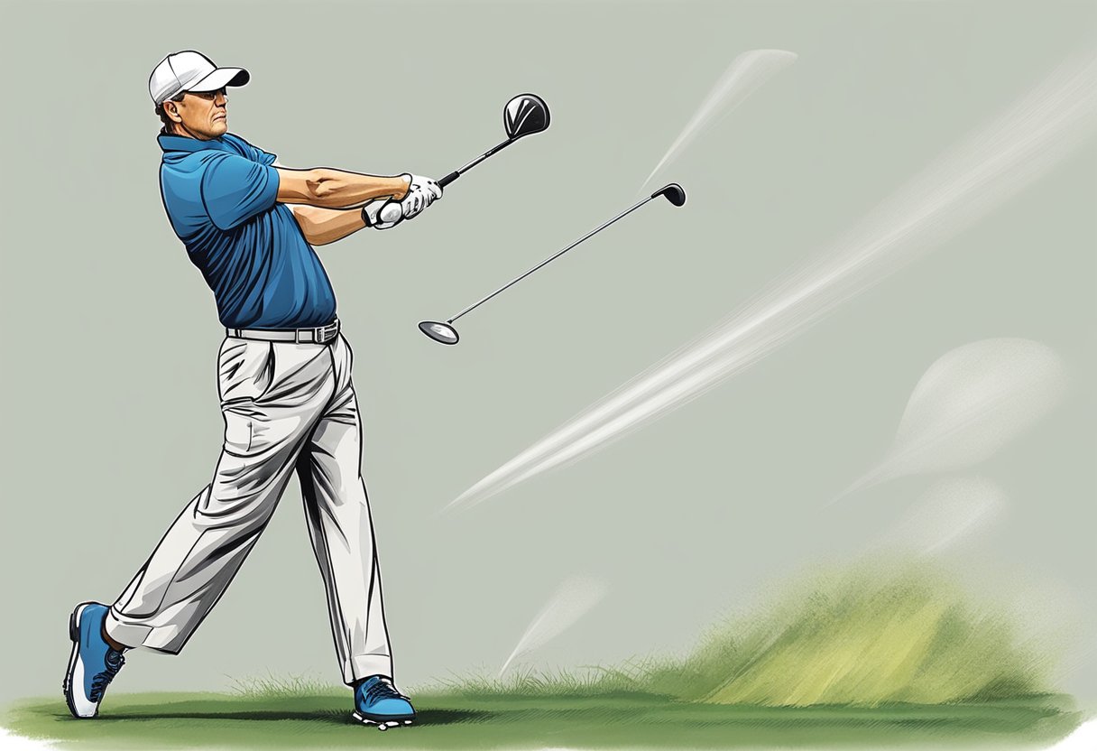 A high handicapper swings a golf club, hitting the ball in an awkward, unbalanced manner. The ball flies off course, illustrating the challenges faced by high handicappers