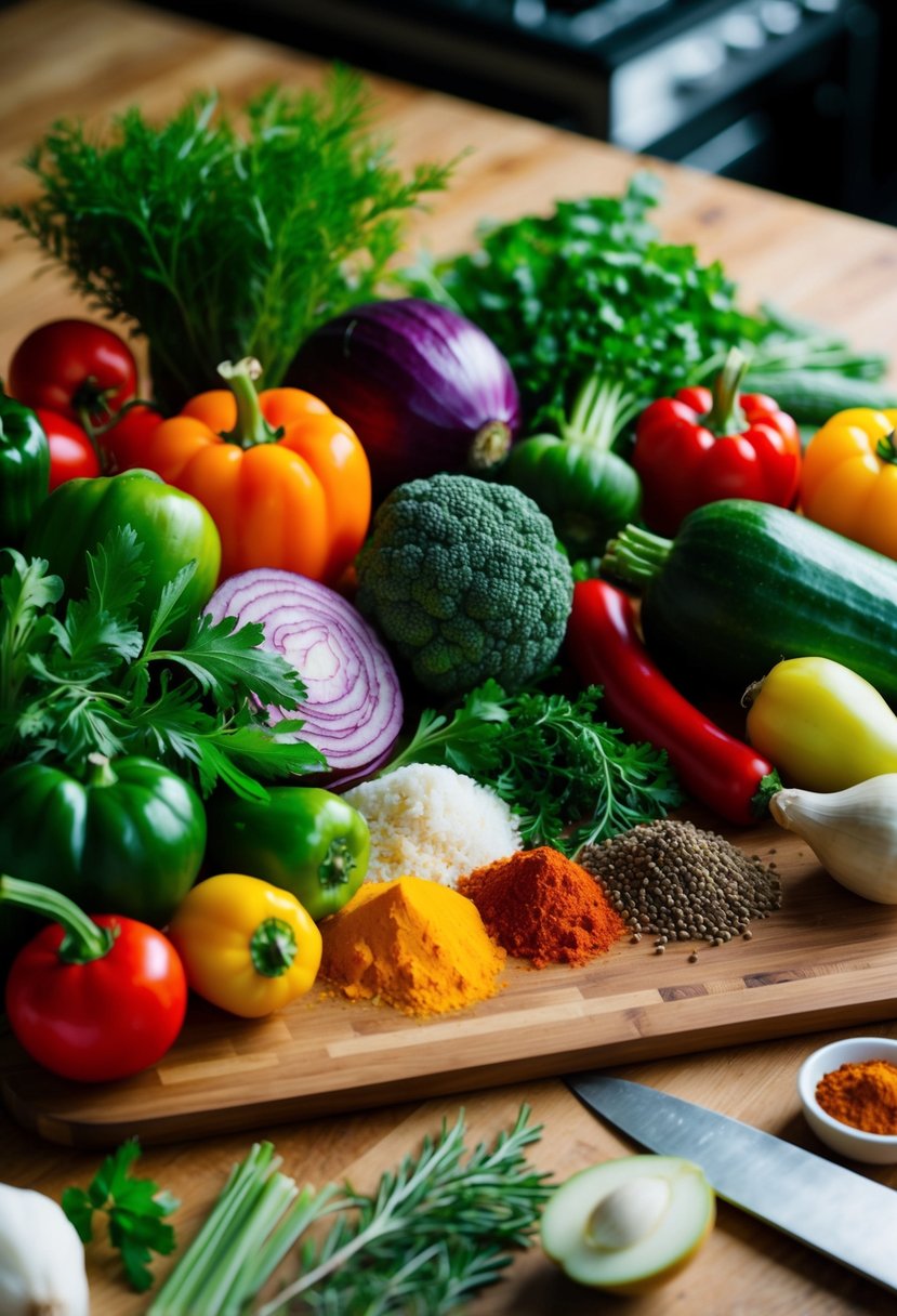 A colorful array of fresh vegetables, herbs, and spices arranged on a wooden cutting board, with a chef's knife nearby