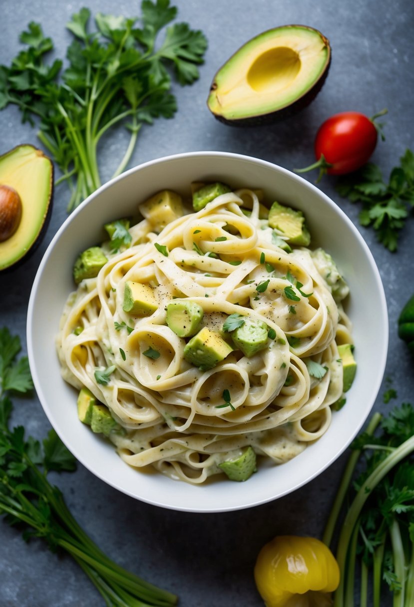 A bowl of creamy avocado alfredo pasta surrounded by fresh vegetables and herbs