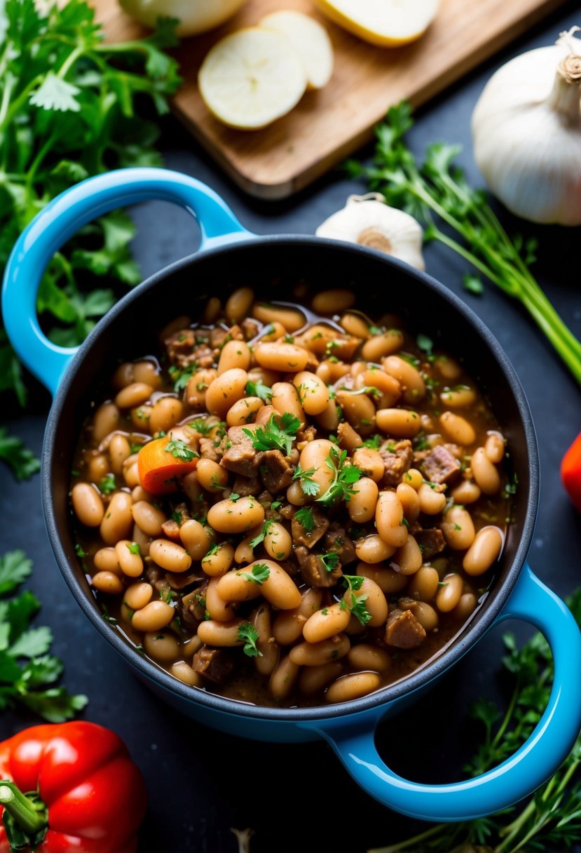 A bubbling pot of beans bourguignon surrounded by fresh vegetables and herbs