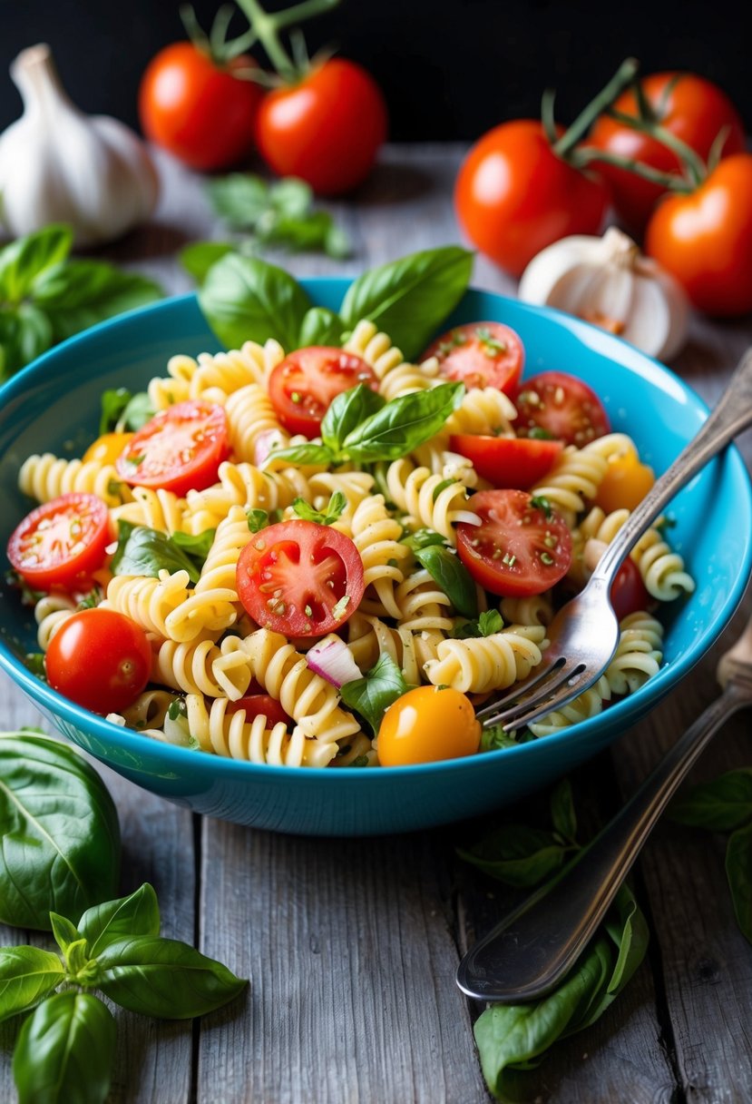 A colorful bowl of bruschetta summer pasta salad surrounded by fresh ingredients like tomatoes, basil, and garlic, with a fork resting on the side